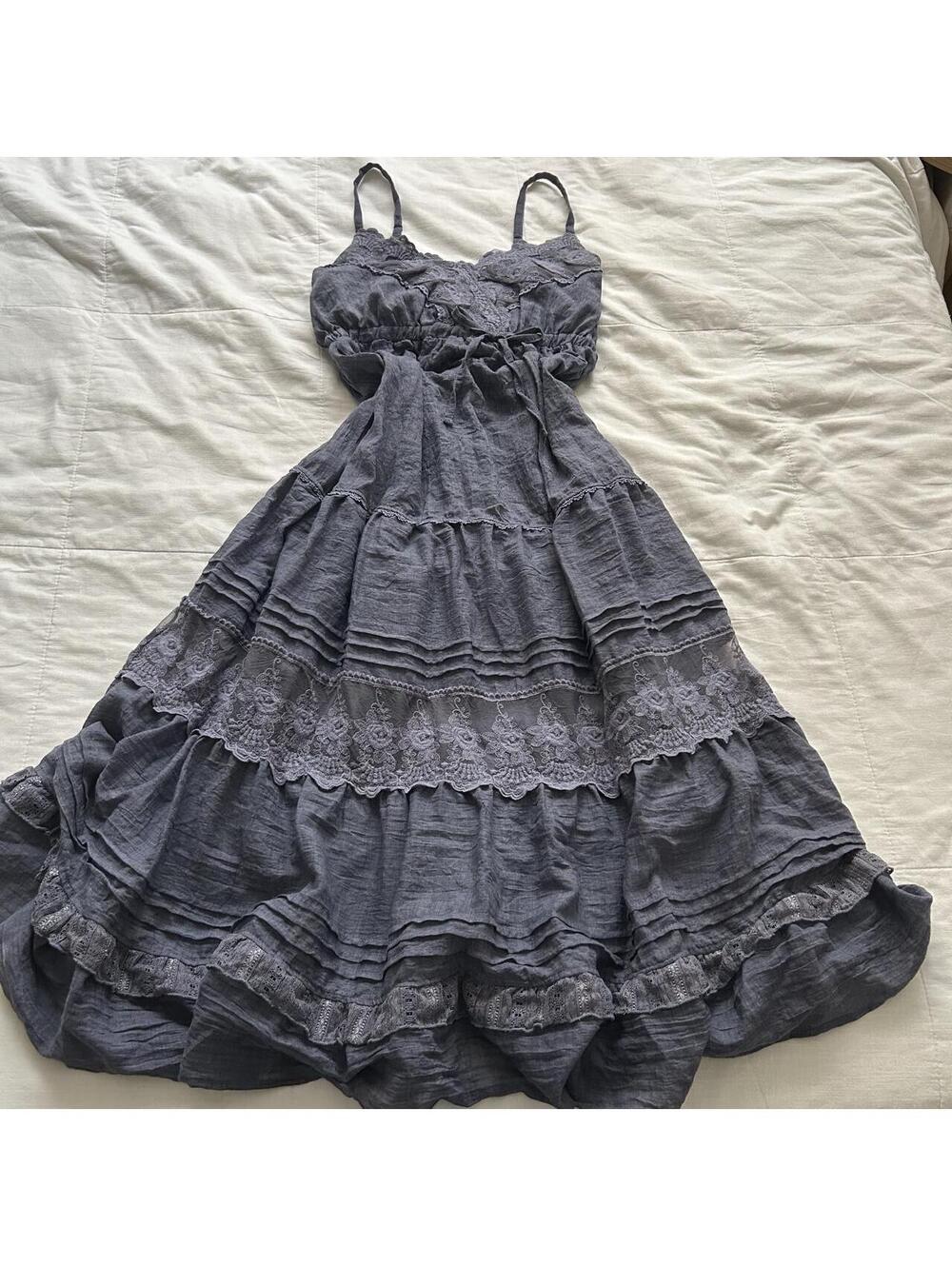 Axes Femme Charcoal Gray Maxi Dress Embroidered Lace Tiered Ruffle Medium